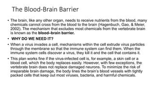 The Blood-Brain Barrier
• The brain, like any other organ, needs to receive nutrients from the blood, many
chemicals cannot cross from the blood to the brain (Hagenbuch, Gao, & Meier,
2002). The mechanism that excludes most chemicals from the vertebrate brain
is known as the blood–brain barrier.
• WHY DO WE NEED IT?
• When a virus invades a cell, mechanisms within the cell extrude virus particles
through the membrane so that the immune system can find them. When the
immune system cells discover a virus, they kill it and the cell that contains it.
• This plan works fine if the virus-infected cell is, for example, a skin cell or a
blood cell, which the body replaces easily. However, with few exceptions, the
vertebrate brain does not replace damaged neurons. To minimize the risk of
irreparable brain damage, the body lines the brain’s blood vessels with tightly
packed cells that keep out most viruses, bacteria, and harmful chemicals.
 