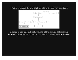 Let's take a look at the Java UML for all the iterable Collections:
In order to add a default behaviour to all the iterable collections, a
default forEach method was added to the Iterable<E> interface.
 