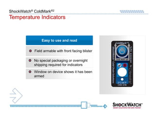 ShockWatch® ColdMark®2
Temperature Indicators



                Easy to use and read

            Field armable with front facing blister

            No special packaging or overnight
            shipping required for indicators
            Window on device shows it has been
            armed
 