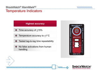 ShockWatch® WarmMark®2
Temperature Indicators


                Highest accuracy

         Time accuracy of +15%

         Temperature accuracy to +1°C

         Tested tag-to-tag time repeatability

         No false activations from human
         handling
 