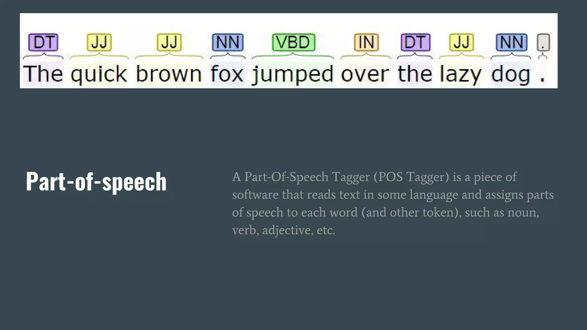 Part-of-speech A Part-Of-Speech Tagger (POS Tagger) is a piece of
software that reads text in some language and assigns parts
of speech to each word (and other token), such as noun,
verb, adjective, etc.
 