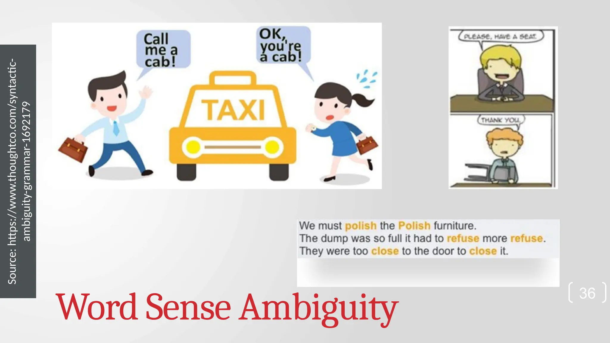 Word Sense Ambiguity Source: https://www.thoughtco.com/syntactic- ambiguity-grammar-1692179 36 