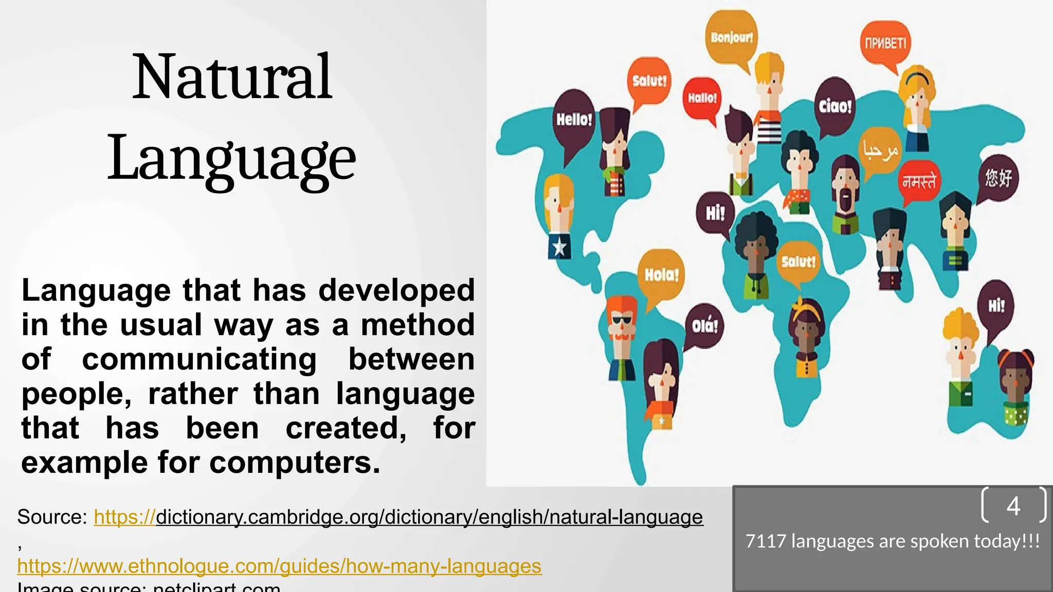 Natural Language Language that has developed in the usual way as a method of communicating between people, rather than language that has been created, for example for computers. Source: https://dictionary.cambridge.org/dictionary/english/natural-language , https://www.ethnologue.com/guides/how-many-languages 7117 languages are spoken today!!! 4 