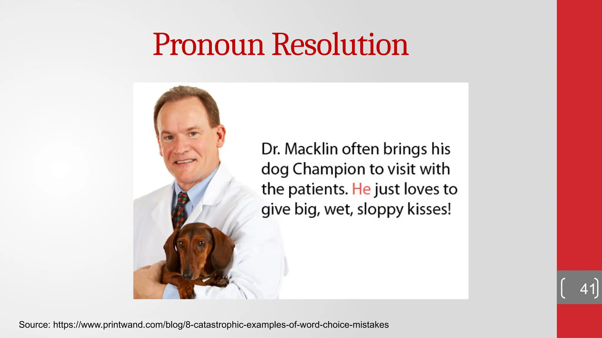 Pronoun Resolution Source: https://www.printwand.com/blog/8-catastrophic-examples-of-word-choice-mistakes 41 