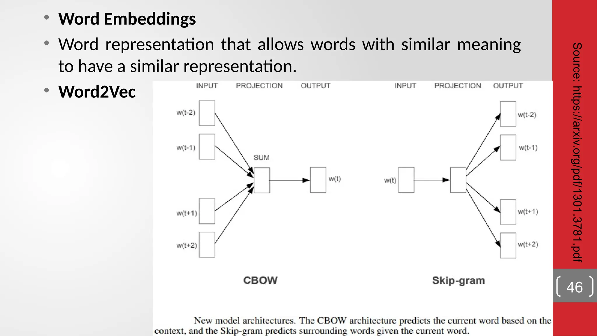 • Word Embeddings • Word representation that allows words with similar meaning to have a similar representation. • Word2Vec 46 Source: https://arxiv.org/pdf/1301.3781.pdf 