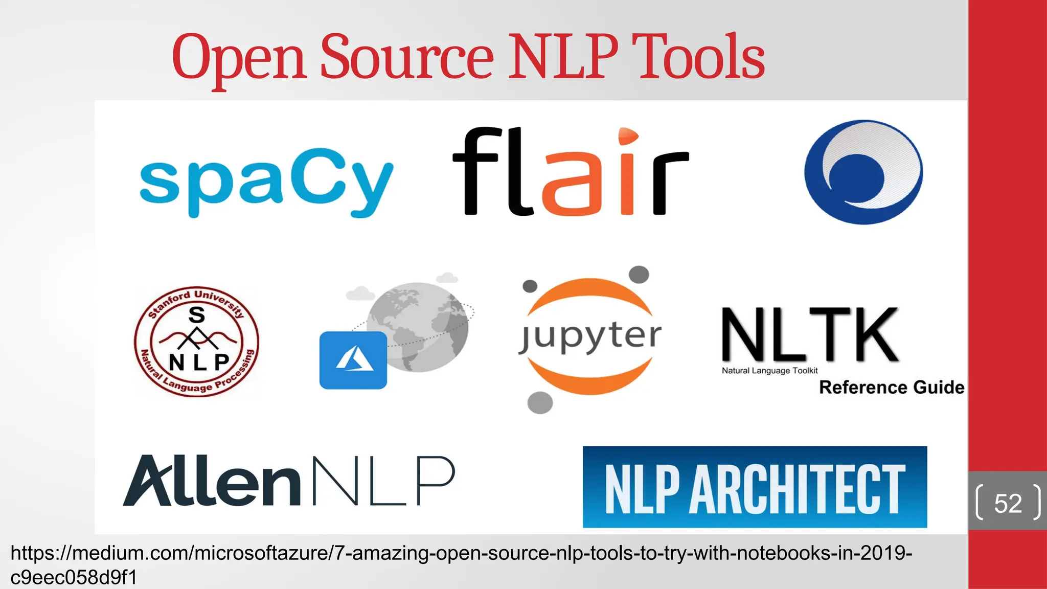 Open Source NLP Tools https://medium.com/microsoftazure/7-amazing-open-source-nlp-tools-to-try-with-notebooks-in-2019- c9eec058d9f1 52 