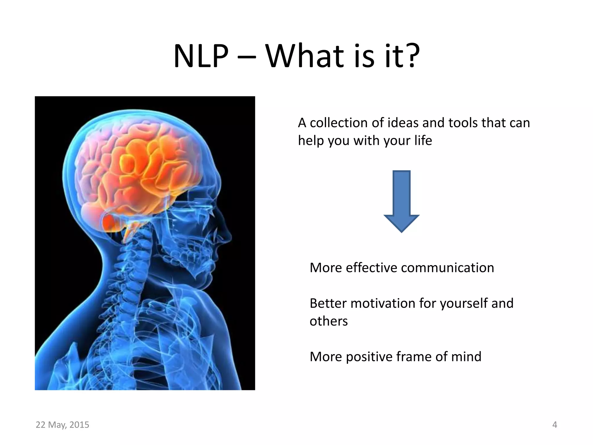 NLP – What is it?
22 May, 2015 4
A collection of ideas and tools that can
help you with your life
More effective communication
Better motivation for yourself and
others
More positive frame of mind
 