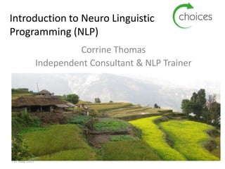 Introduction to Neuro Linguistic
Programming (NLP)
Corrine Thomas
Independent Consultant & NLP Trainer
22 May, 2015
 
