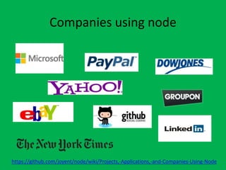 Companies using node
https://github.com/joyent/node/wiki/Projects,-Applications,-and-Companies-Using-Node
 