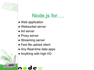 ● Web application
● Websocket server
● Ad server
● Proxy server
● Streaming server
● Fast file upload client
● Any Real-time data apps
● Anything with high I/O
Node.js for….
 