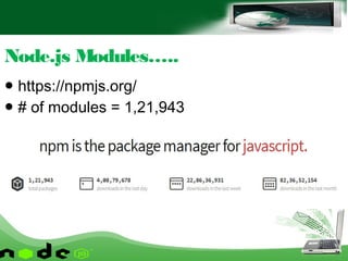 ● https://npmjs.org/
● # of modules = 1,21,943
Node.js Modules…..
 