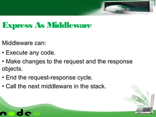Middleware can:
• Execute any code.
• Make changes to the request and the response
objects.
• End the request-response cycle.
• Call the next middleware in the stack.
Express As Middleware
 