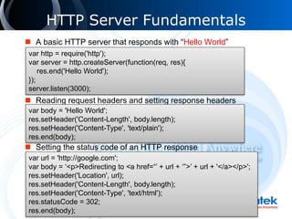 HTTP Server Fundamentals
 A basic HTTP server that responds with “Hello World”
 Reading request headers and setting response headers
 Setting the status code of an HTTP response
var http = require('http');
var server = http.createServer(function(req, res){
res.end('Hello World');
});
server.listen(3000);
var body = 'Hello World';
res.setHeader('Content-Length', body.length);
res.setHeader('Content-Type', 'text/plain');
res.end(body);
var url = 'http://google.com';
var body = ‘<p>Redirecting to <a href=“’ + url + ‘”>’ + url + '</a></p>';
res.setHeader('Location', url);
res.setHeader('Content-Length', body.length);
res.setHeader('Content-Type', 'text/html');
res.statusCode = 302;
res.end(body);
 