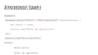 Asynchronous Example
Example:
database.query("SELECT * FROM hugetable", function(rows) {
var result = rows;
console.log(“After db operation”);
});
console.log("Hello World");
Output:
Hello world
After db operation
 