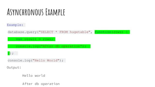 Asynchronous Example
Example:
database.query("SELECT * FROM hugetable", function(rows) {
var result = rows;
console.log(“After db operation”);
});
console.log("Hello World");
Output:
Hello world
After db operation
 
