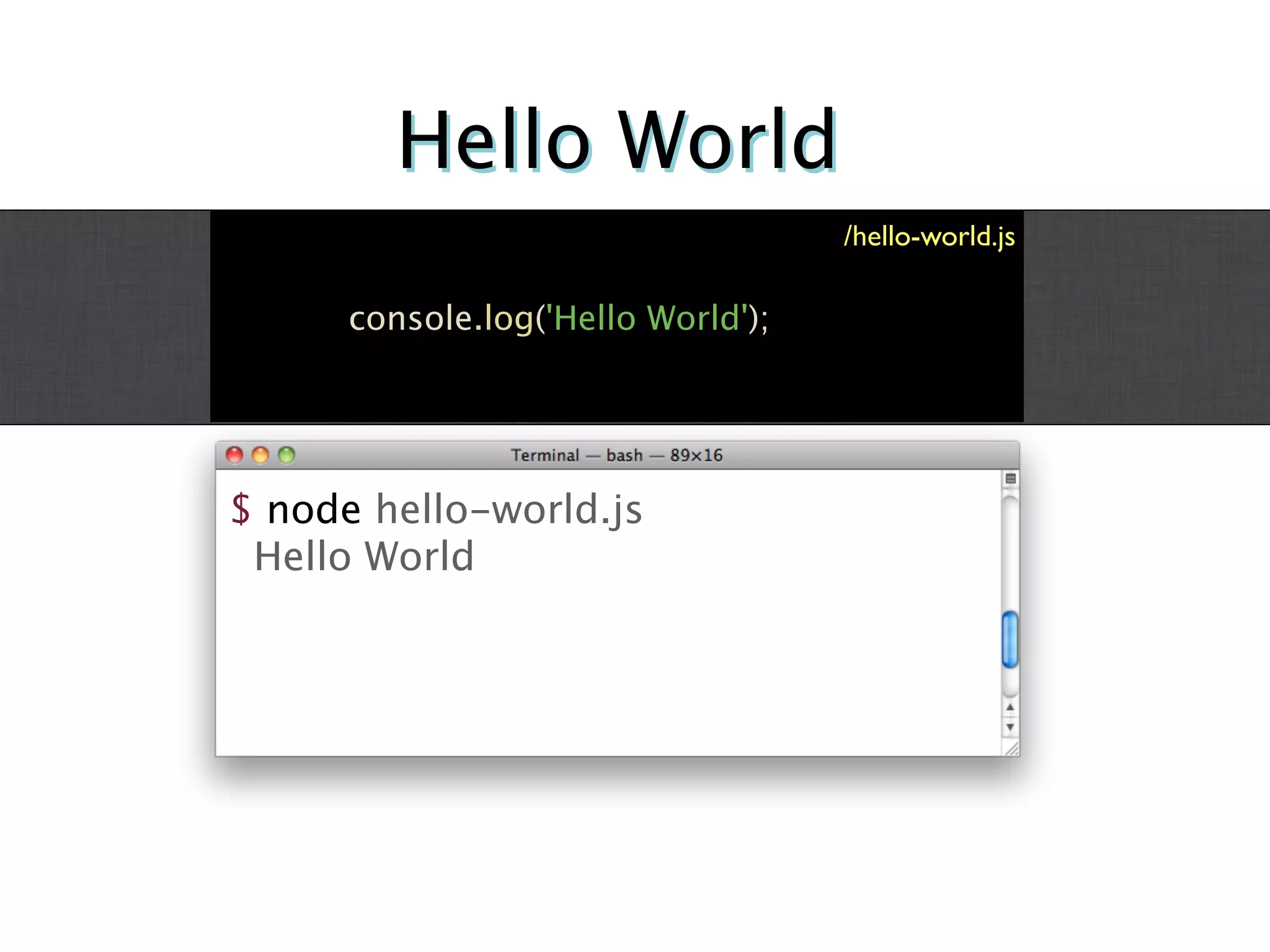 Hello World
                                    /hello-world.js

      console.log('Hello World');




$ node hello-world.js
 Hello World
 