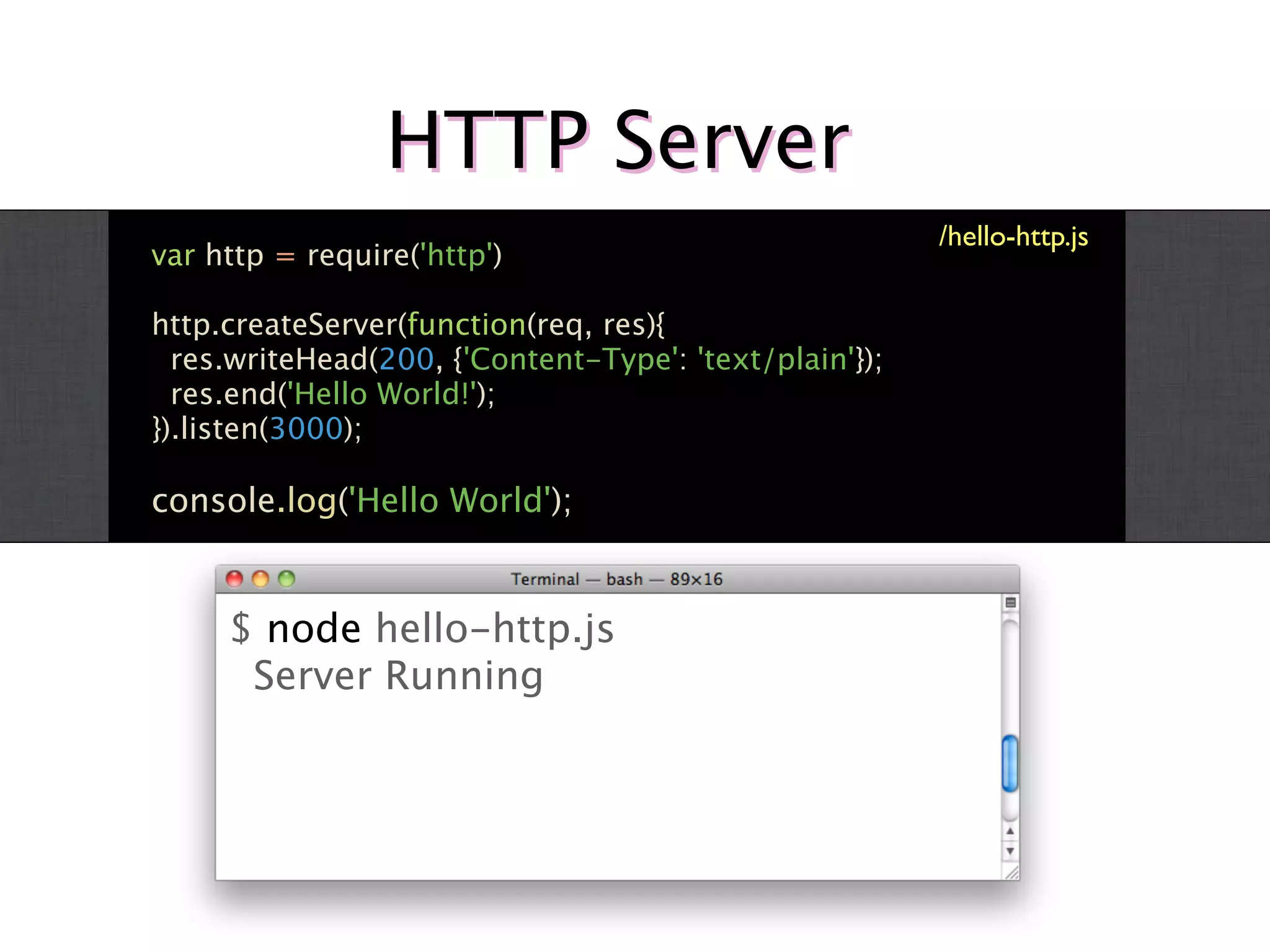 HTTP Server
                                                        /hello-http.js
var http = require('http')

http.createServer(function(req, res){
  res.writeHead(200, {'Content-Type': 'text/plain'});
  res.end('Hello World!');
}).listen(3000);

console.log('Hello World');


     $ node hello-http.js
      Server Running
 