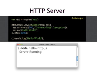 HTTP Server
                                                        /hello-http.js
var http = require('http')

http.createServer(function(req, res){
  res.writeHead(200, {'Content-Type': 'text/plain'});
  res.end('Hello World!');
}).listen(3000);

console.log('Hello World');


     $ node hello-http.js
      Server Running
 