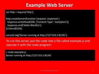 Example Web Server
var http = require('http');

http.createServer(function (request, response) {
 response.writeHead(200, ...