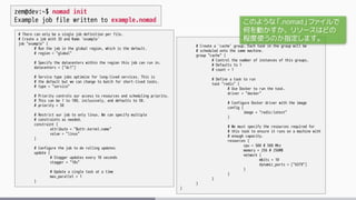 # There can only be a single job definition per file.
# Create a job with ID and Name 'example'
job "example" {
# Run the job in the global region, which is the default.
# region = "global"
# Specify the datacenters within the region this job can run in.
datacenters = ["dc1"]
# Service type jobs optimize for long-lived services. This is
# the default but we can change to batch for short-lived tasks.
# type = "service"
# Priority controls our access to resources and scheduling priority.
# This can be 1 to 100, inclusively, and defaults to 50.
# priority = 50
# Restrict our job to only linux. We can specify multiple
# constraints as needed.
constraint {
attribute = "$attr.kernel.name"
value = "linux"
}
# Configure the job to do rolling updates
update {
# Stagger updates every 10 seconds
stagger = "10s"
# Update a single task at a time
max_parallel = 1
}
# Create a 'cache' group. Each task in the group will be
# scheduled onto the same machine.
group "cache" {
# Control the number of instances of this groups.
# Defaults to 1
# count = 1
# Define a task to run
task "redis" {
# Use Docker to run the task.
driver = "docker"
# Configure Docker driver with the image
config {
image = "redis:latest"
}
# We must specify the resources required for
# this task to ensure it runs on a machine with
# enough capacity.
resources {
cpu = 500 # 500 Mhz
memory = 256 # 256MB
network {
mbits = 10
dynamic_ports = ["6379"]
}
}
}
}
}
zem@dev:~$ nomad init
Example job file written to example.nomad このような「.nomad」ファイルで
何を動かすか、リソースはどの
程度使うのか指定します。
 