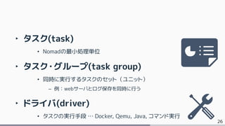 26
‣ タスク(task)
• Nomadの最小処理単位
‣ タスク・グループ(task group)
• 同時に実行するタスクのセット（ユニット）
– 例：webサーバとログ保存を同時に行う
‣ ドライバ(driver)
• タスクの実行手段 … Docker, Qemu, Java, コマンド実行
 