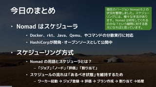 3
‣ Nomad はスケジューラ
• Docker、rkt、Java、Qemu、やコマンドの分散実行に対応
• HashiCorpが開発・オープンソースとして公開中
‣ スケジューリング方式
• Nomad の用語とスケジューラとは？
– 「ジョブ」「ノード」「評価」 「割り当て」
• スケジュールの流れは「あるべき状態」を維持するため
– ワーカー起動  ジョブ登録  評価  プラン作成  割り当て 処理
今日のまとめ 現在のバージョン Nomad 0.2 の
状況を整理しました。スケジュー
リングには、様々な手法があり
ます。Nomad は何をしてくれる
のかな？という疑問に対する答
えになればと思っています。
 