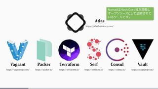 NomadはHashiCorp社が開発し
オープンソースとして公開されて
いるツールです。
 