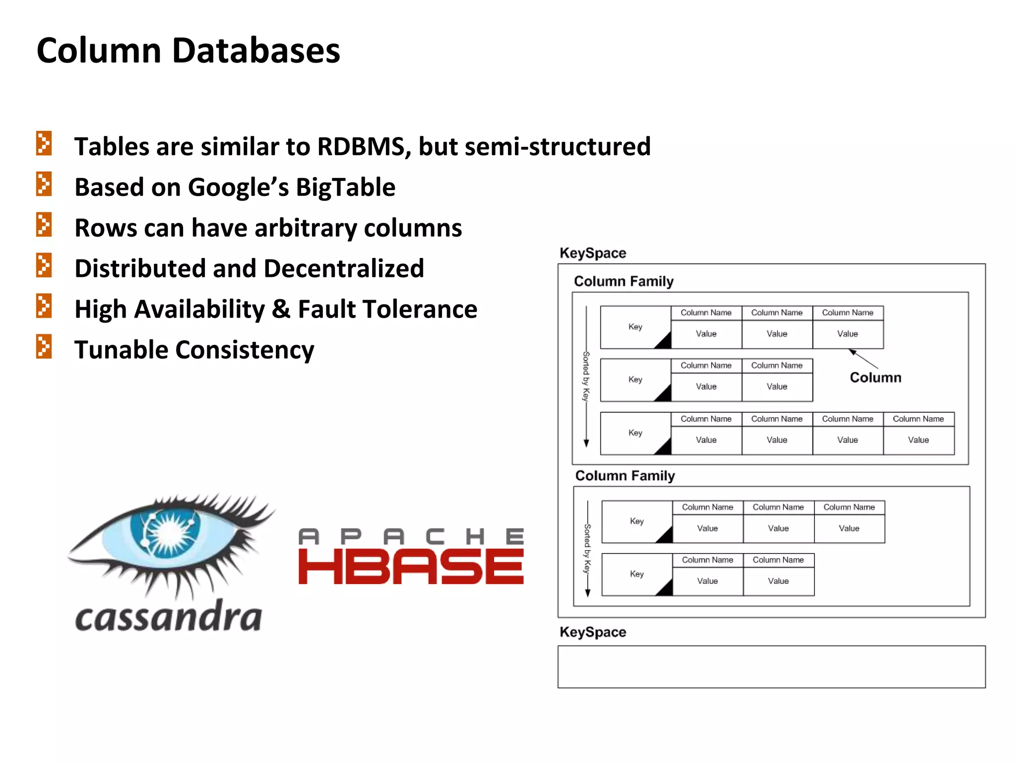Tables are similar to RDBMS, but semi-structured
Based on Google’s BigTable
Rows can have arbitrary columns
Distributed and Decentralized
High Availability & Fault Tolerance
Tunable Consistency
Column Databases
12
 