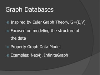 Graph DatabasesInspired by Euler Graph Theory, G=(E,V)Focused on modeling the structure of the dataProperty Graph Data ModelExamples: Neo4j, InfiniteGraph