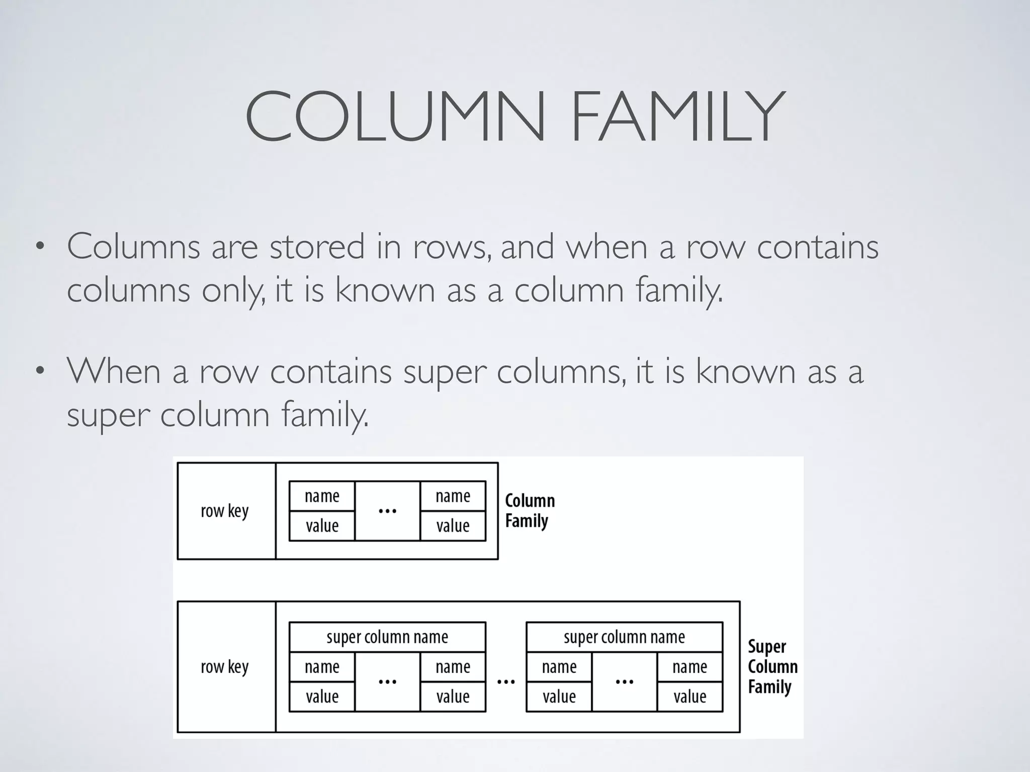 COLUMN FAMILY
• Columns are stored in rows, and when a row contains
columns only, it is known as a column family.
• When a row contains super columns, it is known as a
super column family.
 