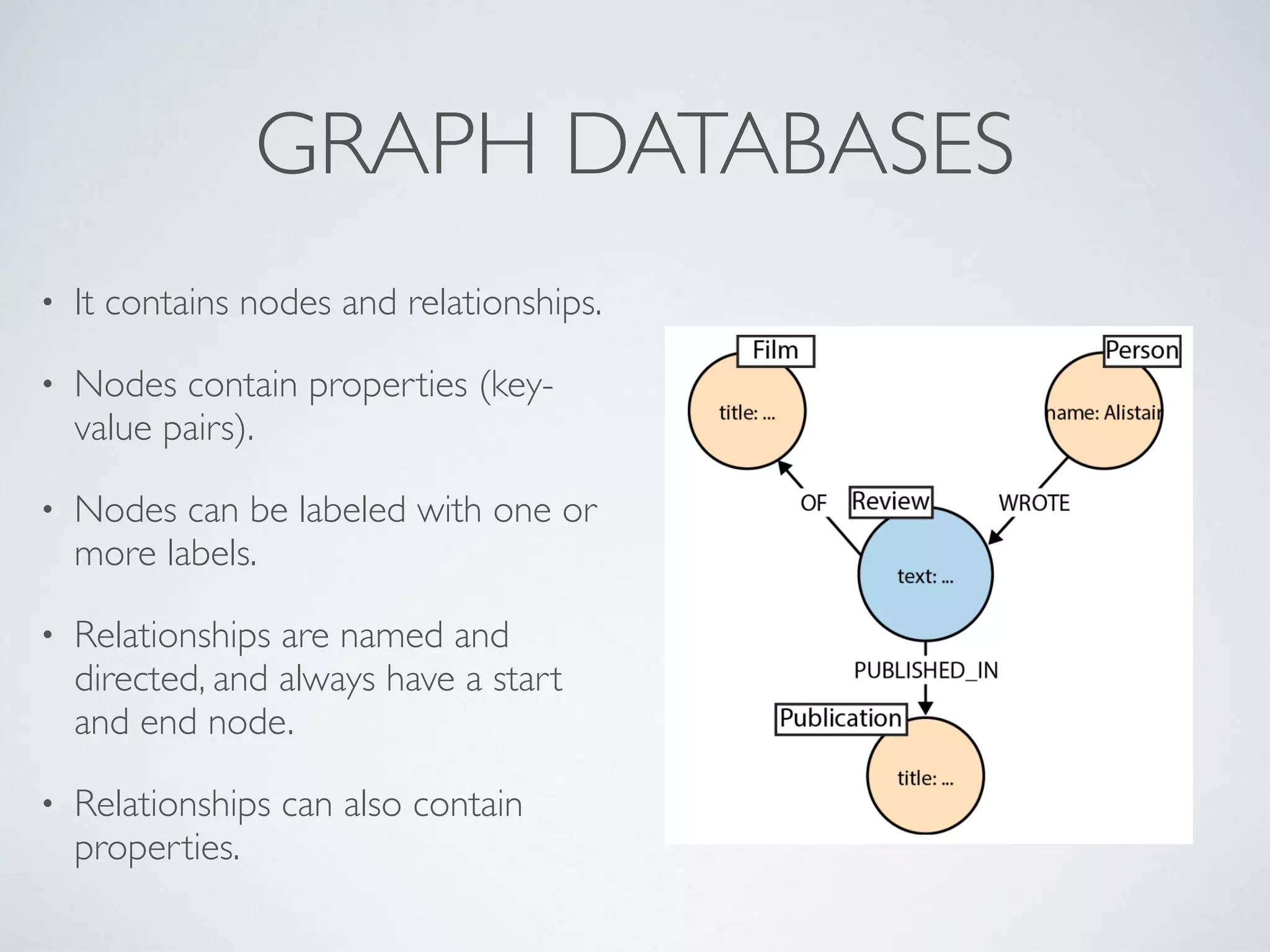 GRAPH DATABASES
• It contains nodes and relationships.
• Nodes contain properties (key-
value pairs).
• Nodes can be labeled with one or
more labels.
• Relationships are named and
directed, and always have a start
and end node.
• Relationships can also contain
properties.
 