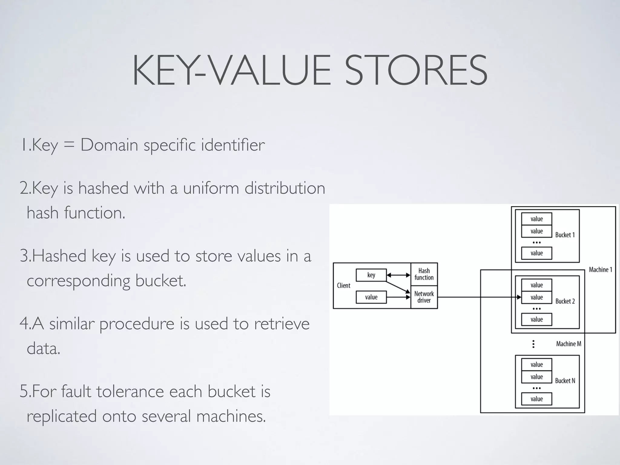KEY-VALUE STORES
1.Key = Domain speciﬁc identiﬁer
2.Key is hashed with a uniform distribution
hash function.
3.Hashed key is used to store values in a
corresponding bucket.
4.A similar procedure is used to retrieve
data.
5.For fault tolerance each bucket is
replicated onto several machines.
 