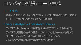 コンパイラ拡張+コード生成
コード生成
解析よりもむしろメインなぐらい、しかし勿論解析があってこそ
のコード生成というセットなところが重要
Library + Analyzer = Code Aware Libraries
ライブラリとAnalyzerは同梱可(NuGetでプロジェクト単位に)
ライブラリ固有の生成や警告、ガイドなどをAnalyzerを使って
ユーザーに示して、より人に優しいライブラリへ
というのがVS2015以降のあり方かもしれない
 