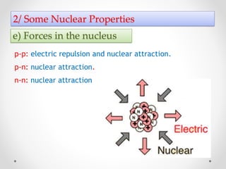 2/ Some Nuclear Properties
p-p: electric repulsion and nuclear attraction.
e) Forces in the nucleus
p-n: nuclear attractio...