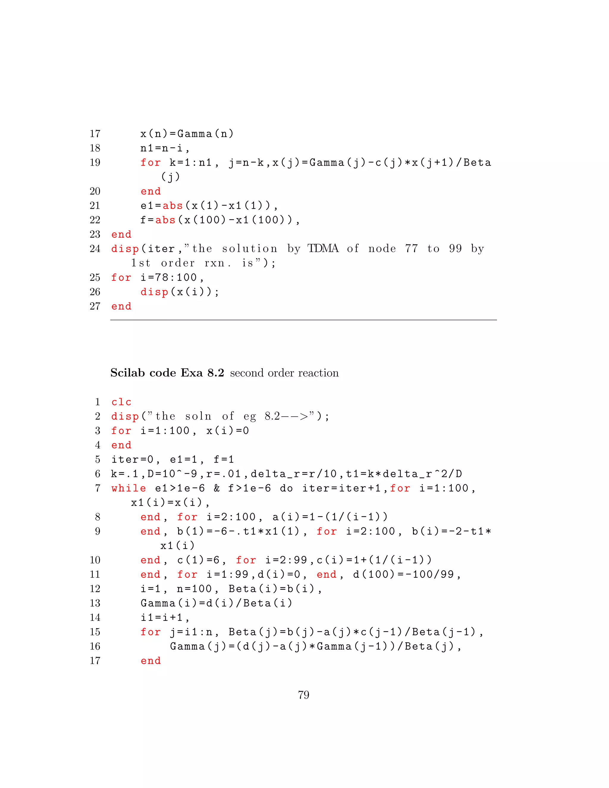 17 x(n)=Gamma(n)
18 n1=n-i,
19 for k=1:n1 , j=n-k,x(j)=Gamma(j)-c(j)*x(j+1)/Beta
(j)
20 end
21 e1=abs(x(1)-x1(1)),
22 f=abs(x(100) -x1 (100)),
23 end
24 disp(iter ,” the s o l u t i o n by TDMA of node 77 to 99 by
1 s t order rxn . i s ”);
25 for i=78:100 ,
26 disp(x(i));
27 end
Scilab code Exa 8.2 second order reaction
1 clc
2 disp(” the s o l n of eg 8.2−−>”);
3 for i=1:100 , x(i)=0
4 end
5 iter=0, e1=1, f=1
6 k=.1,D=10^-9,r=.01, delta_r=r/10,t1=k*delta_r ^2/D
7 while e1 >1e-6 & f>1e-6 do iter=iter+1,for i=1:100 ,
x1(i)=x(i),
8 end , for i=2:100 , a(i)=1 -(1/(i-1))
9 end , b(1)=-6-.t1*x1(1), for i=2:100 , b(i)=-2-t1*
x1(i)
10 end , c(1)=6, for i=2:99 ,c(i)=1+(1/(i-1))
11 end , for i=1:99 ,d(i)=0, end , d(100) = -100/99 ,
12 i=1, n=100, Beta(i)=b(i),
13 Gamma(i)=d(i)/Beta(i)
14 i1=i+1,
15 for j=i1:n, Beta(j)=b(j)-a(j)*c(j-1)/Beta(j-1),
16 Gamma(j)=(d(j)-a(j)*Gamma(j-1))/Beta(j),
17 end
79
 
