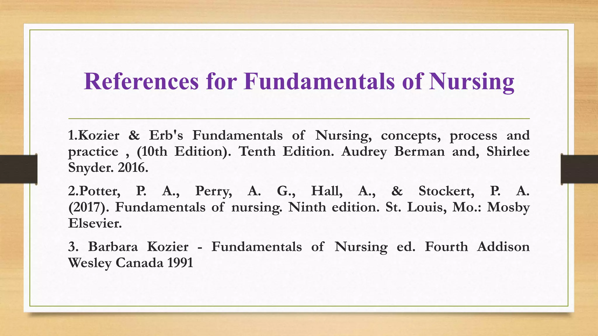 References for Fundamentals of Nursing
1.Kozier & Erb's Fundamentals of Nursing, concepts, process and
practice , (10th Edition). Tenth Edition. Audrey Berman and, Shirlee
Snyder. 2016.
2.Potter, P. A., Perry, A. G., Hall, A., & Stockert, P. A.
(2017). Fundamentals of nursing. Ninth edition. St. Louis, Mo.: Mosby
Elsevier.
3. Barbara Kozier - Fundamentals of Nursing ed. Fourth Addison
Wesley Canada 1991
 