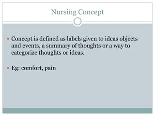 Nursing Concept
 Concept is defined as labels given to ideas objects
and events, a summary of thoughts or a way to
categorize thoughts or ideas.
 Eg: comfort, pain
 