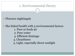 1. Environmental theory
 Florence nightingale
 She linked health with 5 environmental factors
1. Pure or fresh air
2. Pure water
3. Efficient drainage
4. Cleanliness
5. Light, especially direct sunlight
 