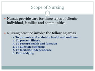 Scope of Nursing
 Nurses provide care for three types of clients-
individual, families and communities.
 Nursing practice involve the following areas.
 1. To promote and maintain health and wellness
2. To prevent illness.
3. To restore health and function
4. To alleviate suffering
5. To facilitate independence
6. Care of dying
 