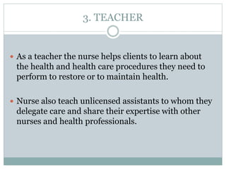 3. TEACHER
 As a teacher the nurse helps clients to learn about
the health and health care procedures they need to
perform to restore or to maintain health.
 Nurse also teach unlicensed assistants to whom they
delegate care and share their expertise with other
nurses and health professionals.
 