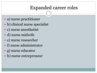  a) nurse practitioner
 b) clinical nurse specialist
 c) nurse anesthetist
 d) nurse midwife
 e) nurse researcher
 f) nurse administrator
 g) nurse educator
 h) nurse entrepreneur
Expanded career roles
 