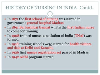 HISTORY OF NURSING IN INDIA- Contd..
 In 1871 the first school of nursing was started in
government general hospital Madras.
 In 1891 Bai kashibai Ganpat what's the first Indian nurse
to come for training.
 In 1908 trained nurses association of India (TNAI) was
formed.
 In 1918 training schools were started for health visitors
and dais at Delhi and Karachi.
 In 1926 first nurses registration act passed in Madras
 In 1942 ANM program started
 