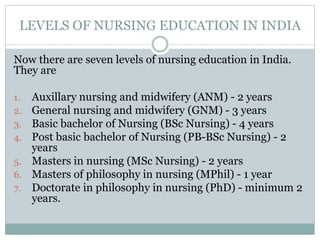 LEVELS OF NURSING EDUCATION IN INDIA
Now there are seven levels of nursing education in India.
They are
1. Auxillary nursing and midwifery (ANM) - 2 years
2. General nursing and midwifery (GNM) - 3 years
3. Basic bachelor of Nursing (BSc Nursing) - 4 years
4. Post basic bachelor of Nursing (PB-BSc Nursing) - 2
years
5. Masters in nursing (MSc Nursing) - 2 years
6. Masters of philosophy in nursing (MPhil) - 1 year
7. Doctorate in philosophy in nursing (PhD) - minimum 2
years.
 
