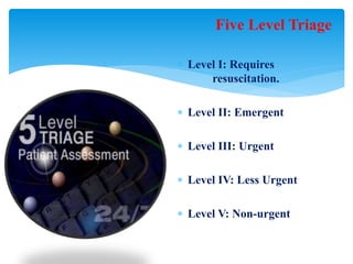  Level I: Requires
resuscitation.
 Level II: Emergent
 Level III: Urgent
 Level IV: Less Urgent
 Level V: Non-urgent
Five Level Triage
 