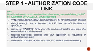 1. **https://cloud.domain.com/v1/oauth/authorize**: the API authorization endpoint
2. client_id=client_id: the application’s client ID (how the API identifies the
application)
3. redirect_uri=CALLBACK_URL: where the service redirects the user-agent after
an authorization code is granted
4. response_type=code: specifies that your application is requesting an
authorization code grant
5. scope=read: specifies the level of access that the application is requesting
Link:
https://cloud.domain.com/v1/oauth/authorize?response_type=code&client_id=CLIE
NT_ID&redirect_uri=CALLBACK_URL&scope=read
 