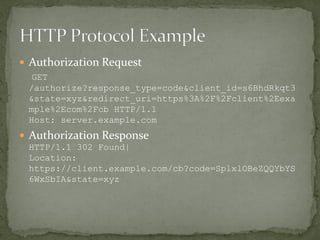  Authorization Request
GET
/authorize?response_type=code&client_id=s6BhdRkqt3
&state=xyz&redirect_uri=https%3A%2F%2Fclient%2Eexa
mple%2Ecom%2Fcb HTTP/1.1
Host: server.example.com
 Authorization Response
HTTP/1.1 302 Found|
Location:
https://client.example.com/cb?code=SplxlOBeZQQYbYS
6WxSbIA&state=xyz
 