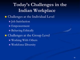 Today’s Challenges in the
Indian Workplace
19
 Challenges at the Individual Level
 Job Satisfaction
 Empowerment
 Behaving Ethically
 Challenges at the Group Level
 Working With Others
 Workforce Diversity
 