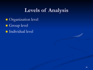 Levels of Analysis
34
 Organization level
 Group level
 Individual level
 