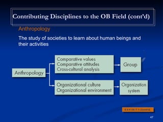 Contributing Disciplines to the OB Field (cont’d)
E X H I B I T 1–3(cont’d)
47
Anthropology
The study of societies to learn about human beings and
their activities
 