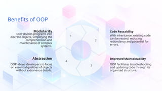 Benefits of OOP
Modularity
OOP divides programs into
discrete objects, simplifying the
comprehension and
maintenance of complex
systems.
Abstraction
OOP allows developers to focus
on essential qualities of objects
without extraneous details.
1
4
2
3
Code Reusability
With inheritance, existing code
can be reused, reducing
redundancy and potential for
errors.
Improved Maintainability
OOP facilitates troubleshooting
and updating code through its
organized structure.
 